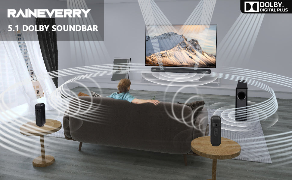 RAINEVERRY 5.1.2 Barra de sonido premium con Dolby Atmos, sistema de sonido  envolvente para TV, subwoofer inalámbrico, sistema de sonido envolvente